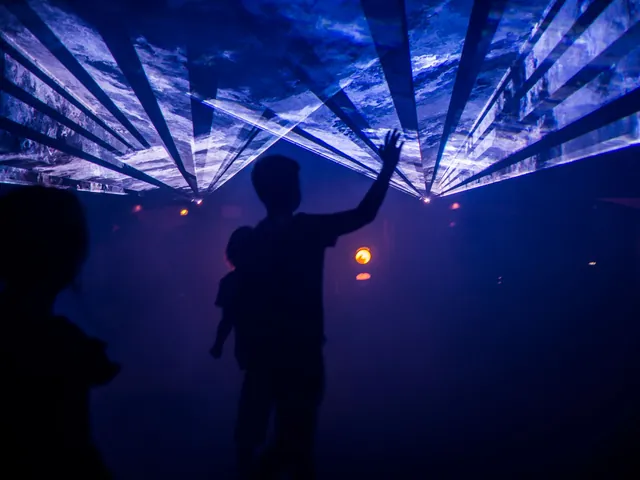People silhouetted inside a laser light installation